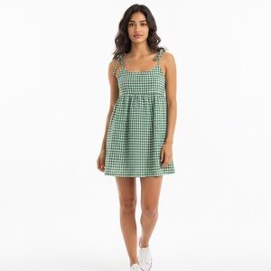Reformation green and white gingham plaid linen babydoll mini dress. Like new